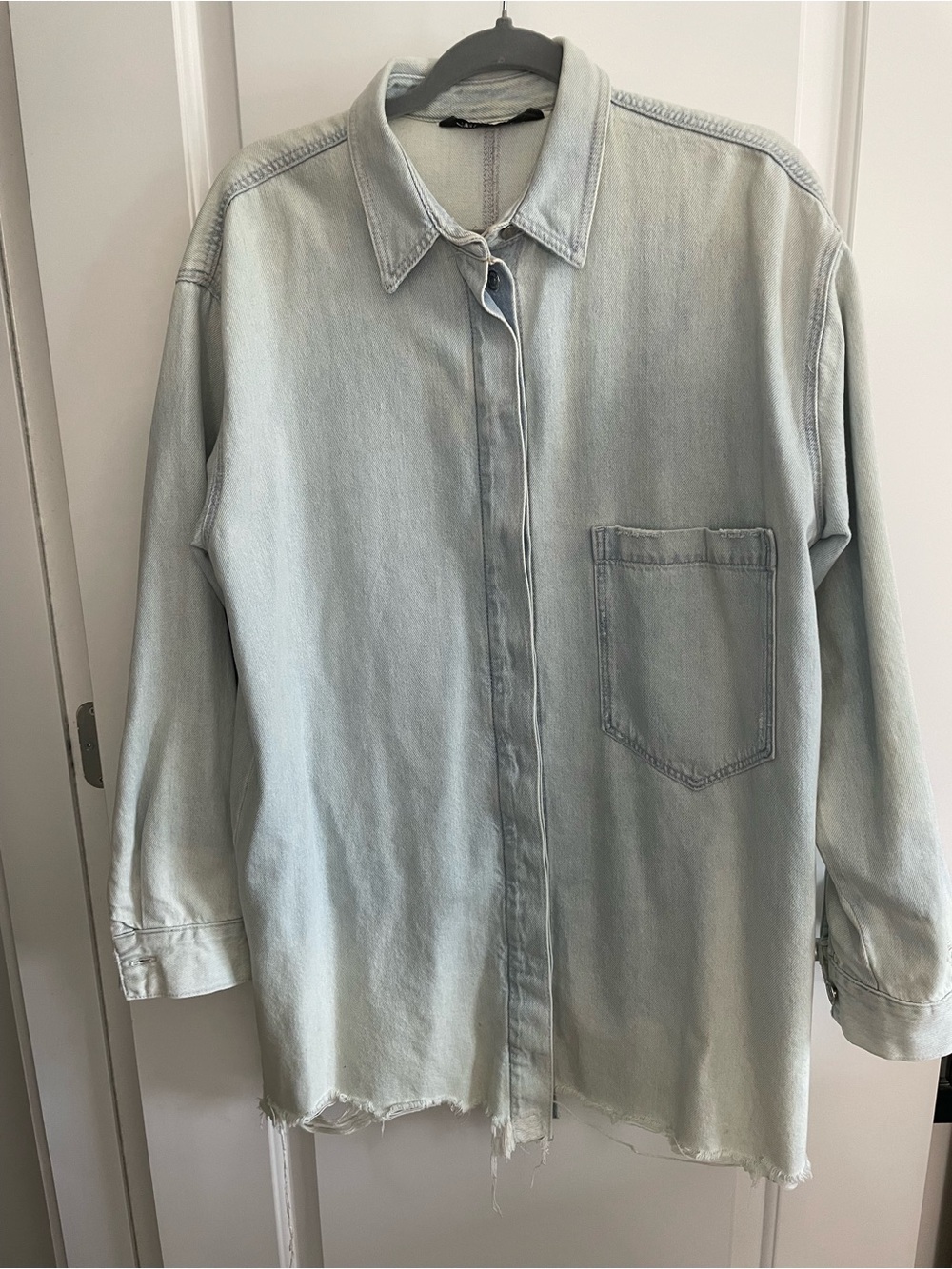 Zara Light Wash Oversized Distressed Denim Shirt - Pale Blue